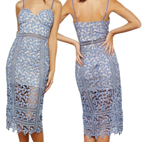 JUST ME BLOOMINGDALE'S Lace Crochet Midi Dress Sheath Bridesmaid Medium Blue - Picture 2 of 11